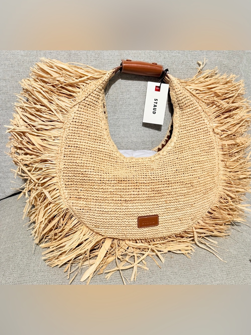 STAUD Natural Raffia Fringe Shoulder Bag with Brown Handle - Picture 2 of 7
